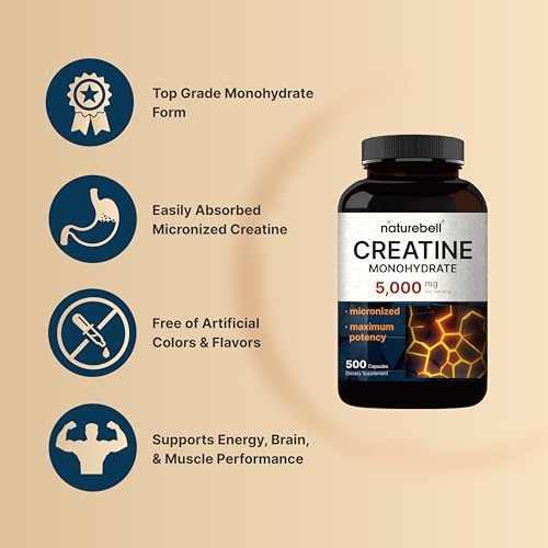 NatureBell Cápsulas de Creatina Monohidratada 5,000mg por Porción, 500 Contenido | Creatina Micronizada, Sin Sabor | Apoyo Pre-Entrenamiento y Fuerza - imagen 6