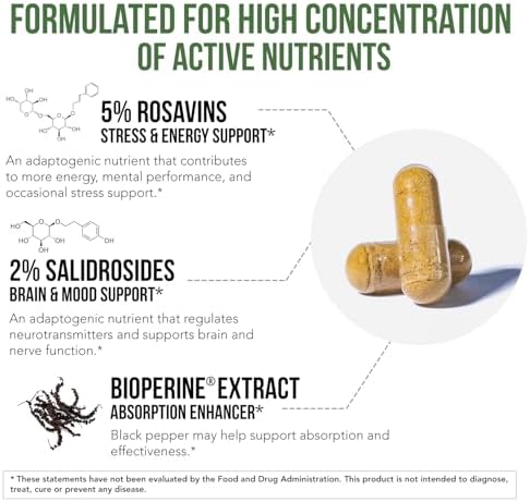Max Strength Siberian Rhodiola®: Rhodiola Rosea 5% Rosavinas, 2% Salidrosido y BioPerine® para Mejorar la Absorción – Apoya el Estrés, Energía y - imagen 3