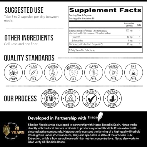 Max Strength Siberian Rhodiola®: Rhodiola Rosea 5% Rosavinas, 2% Salidrosido y BioPerine® para Mejorar la Absorción – Apoya el Estrés, Energía y - imagen 8