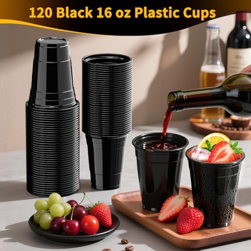 Paquete de 120 Vasos Negros de 16 oz, Vasos de Plástico Desechables Resistentes para Fiestas, Bebidas Frías, BBQ, Celebraciones y Eventos - imagen 3