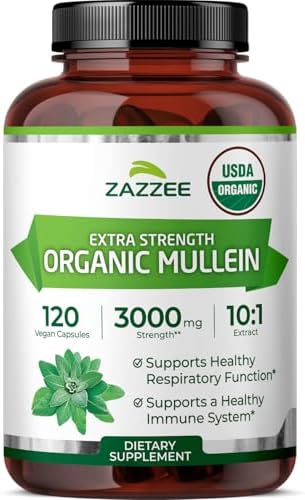 Zazzee Extracto de Hoja de Mullein Orgánico USDA 10:1, 120 Cápsulas Veganas, Suplemento Herbal Natural para Respiración y Pulmones, Hecho en EE. UU. - imagen 1