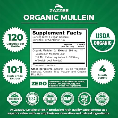 Zazzee Extracto de Hoja de Mullein Orgánico USDA 10:1, 120 Cápsulas Veganas, Suplemento Herbal Natural para Respiración y Pulmones, Hecho en EE. UU. - imagen 3