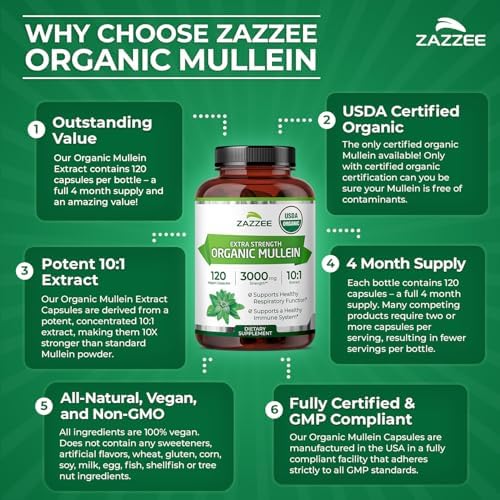 Zazzee Extracto de Hoja de Mullein Orgánico USDA 10:1, 120 Cápsulas Veganas, Suplemento Herbal Natural para Respiración y Pulmones, Hecho en EE. UU. - imagen 6