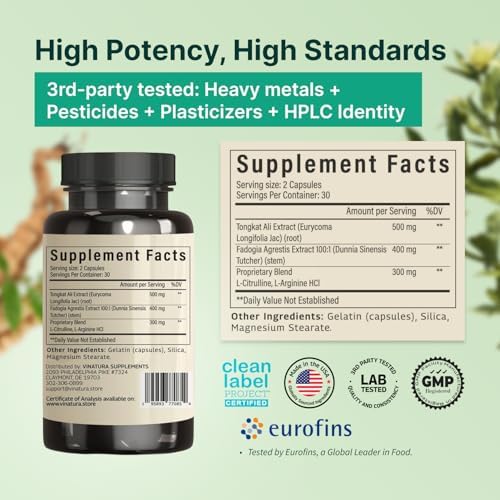 Tongkat Ali Fadogia Agrestis 1200mg - Suplemento con Aumentador de Óxido Nítrico, Longjack para Hombres, Hecho y Probado en EE. UU., 60 Cápsulas - imagen 3