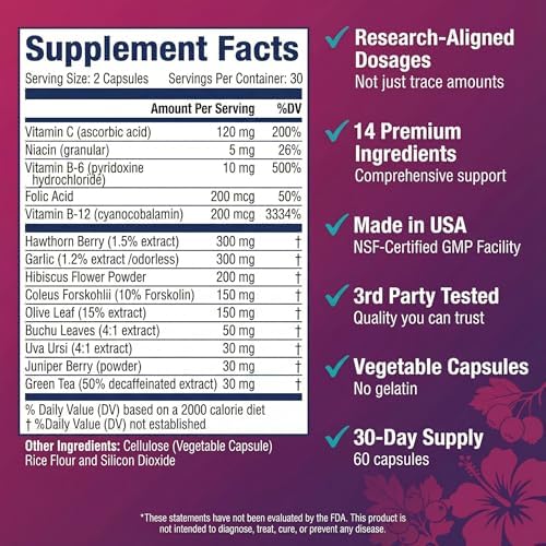 Suplementos ULTALIFE para la Presión Arterial - Complejo Avanzado con Baya de Espino, Hibisco, Ajo y Forskolina - 14 Vitaminas y Hierbas, 30 Cápsulas - imagen 4
