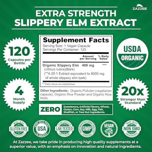 Zazzee Extracto de Corteza de Olmo Resbaladizo Orgánico USDA 20:1, 120 Cápsulas Veganas, Suplemento Herbal Natural para Digestión y Garganta - imagen 3