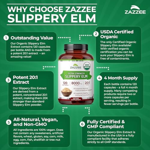 Zazzee Extracto de Corteza de Olmo Resbaladizo Orgánico USDA 20:1, 120 Cápsulas Veganas, Suplemento Herbal Natural para Digestión y Garganta - imagen 7