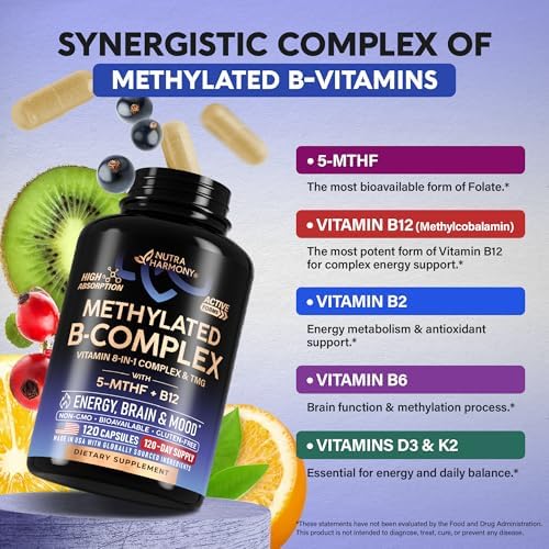 Complejo de Vitaminas B Metilado - B-Complejo con Metilfolato y B12 - Bio disponible para Hombres y Mujeres - Multivitamínico 9 en 1 - Energía, - imagen 4