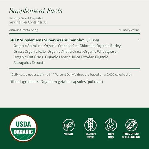 Suplemento Orgánico de Spirulina y Chlorella Snap Supplements - Alga Azul Verde Rica en Proteínas para Energía y Soporte Inmunológico, 120 Cápsulas - imagen 8