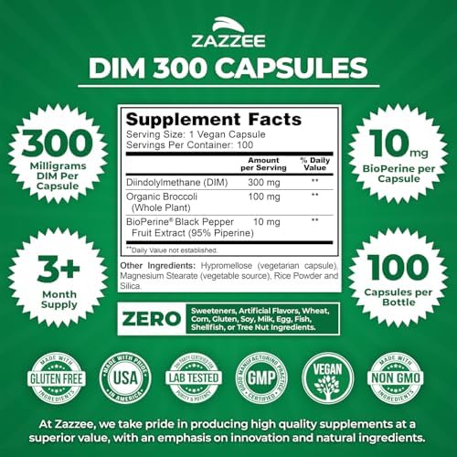 Zazzee DIM 300 mg por Cápsula, 100 Contenido, con 10 mg de BioPerine, Balance Estrogénico, Soporte Menopáusico, Vegano, Natural, No GMO, Hecho en EE. - imagen 2