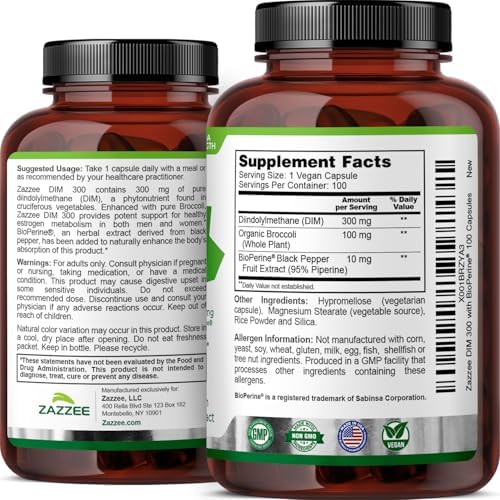 Zazzee DIM 300 mg por Cápsula, 100 Contenido, con 10 mg de BioPerine, Balance Estrogénico, Soporte Menopáusico, Vegano, Natural, No GMO, Hecho en EE. - imagen 7