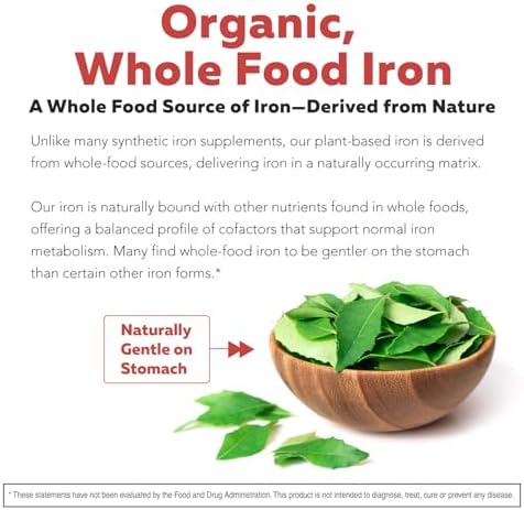 Suplemento de Hierro Orgánico | Mineral y Cofactores de Alimentos Naturales, 25 mg Elementales | Absorción Mejorada y Vitaminas para la Salud - imagen 3