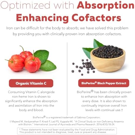 Suplemento de Hierro Orgánico | Mineral y Cofactores de Alimentos Naturales, 25 mg Elementales | Absorción Mejorada y Vitaminas para la Salud - imagen 5
