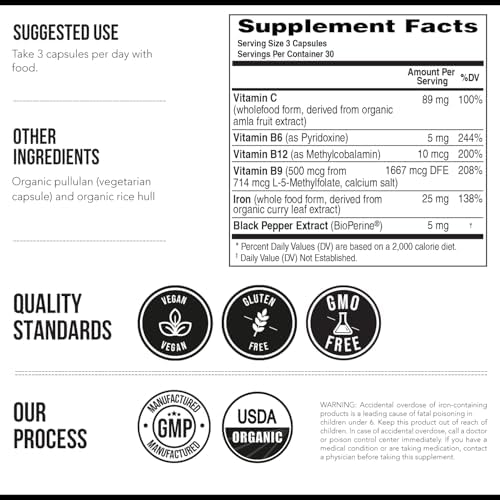 Suplemento de Hierro Orgánico | Mineral y Cofactores de Alimentos Naturales, 25 mg Elementales | Absorción Mejorada y Vitaminas para la Salud - imagen 7