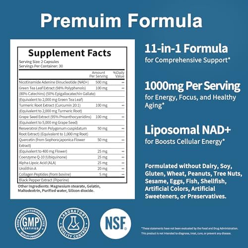 Suplemento de NAD 11 en 1 Extra Fuerte – Liposomal NAD con Resveratrol, CoQ10, Urolitina A, ALA y Cúrcuma – Apoya el Antienvejecimiento, Reparación - imagen 4