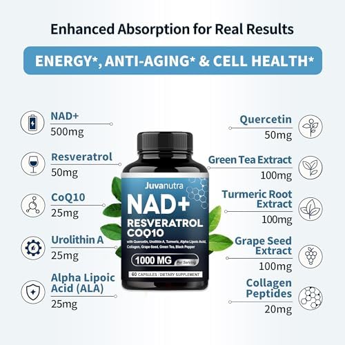 Suplemento de NAD 11 en 1 Extra Fuerte – Liposomal NAD con Resveratrol, CoQ10, Urolitina A, ALA y Cúrcuma – Apoya el Antienvejecimiento, Reparación - imagen 6