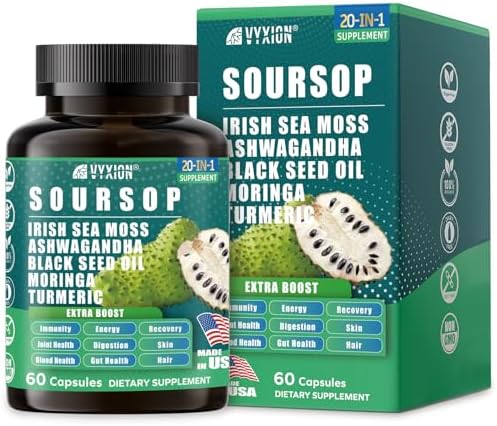 Suplemento de Graviola Soursop con Musgo Marino, Moringa, Cúrcuma, Aceite de Semilla Negra, Orégano y Ashwagandha | 20 Extractos Herbales para - imagen 1
