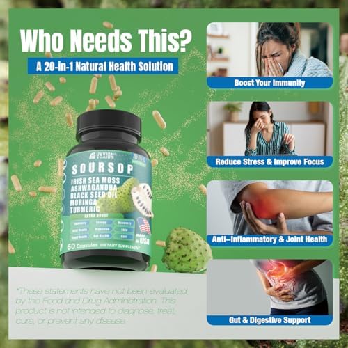 Suplemento de Graviola Soursop con Musgo Marino, Moringa, Cúrcuma, Aceite de Semilla Negra, Orégano y Ashwagandha | 20 Extractos Herbales para - imagen 3