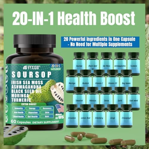 Suplemento de Graviola Soursop con Musgo Marino, Moringa, Cúrcuma, Aceite de Semilla Negra, Orégano y Ashwagandha | 20 Extractos Herbales para - imagen 4