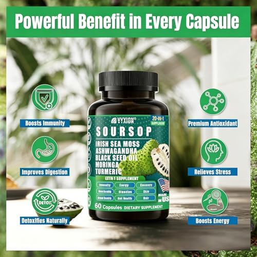 Suplemento de Graviola Soursop con Musgo Marino, Moringa, Cúrcuma, Aceite de Semilla Negra, Orégano y Ashwagandha | 20 Extractos Herbales para - imagen 5