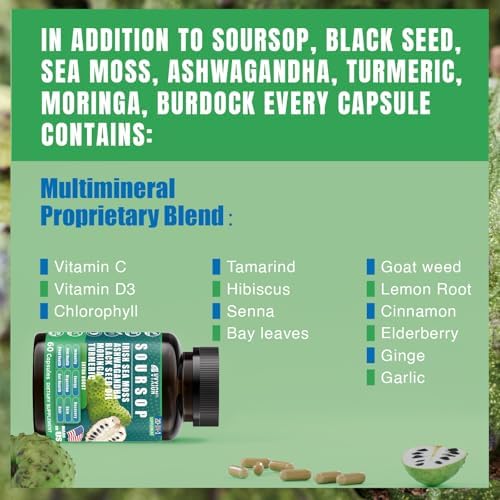 Suplemento de Graviola Soursop con Musgo Marino, Moringa, Cúrcuma, Aceite de Semilla Negra, Orégano y Ashwagandha | 20 Extractos Herbales para - imagen 6