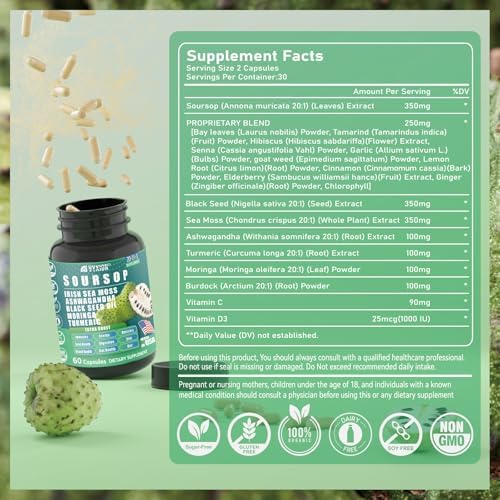 Suplemento de Graviola Soursop con Musgo Marino, Moringa, Cúrcuma, Aceite de Semilla Negra, Orégano y Ashwagandha | 20 Extractos Herbales para - imagen 7