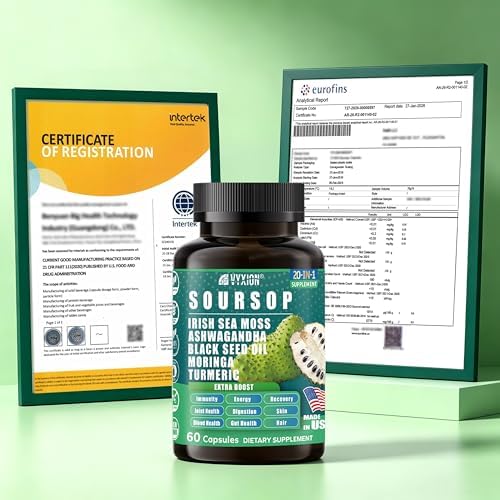 Suplemento de Graviola Soursop con Musgo Marino, Moringa, Cúrcuma, Aceite de Semilla Negra, Orégano y Ashwagandha | 20 Extractos Herbales para - imagen 8