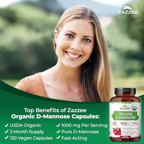Zazzee D-Mannosa Orgánica USDA, 1000 mg por porción, 120 cápsulas veganas, 2 meses de suministro, apoyo para tracto urinario y vejiga, probado en - imagen 3