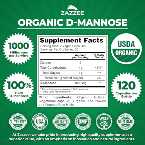 Zazzee D-Mannosa Orgánica USDA, 1000 mg por porción, 120 cápsulas veganas, 2 meses de suministro, apoyo para tracto urinario y vejiga, probado en - imagen 4