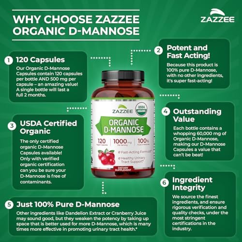 Zazzee D-Mannosa Orgánica USDA, 1000 mg por porción, 120 cápsulas veganas, 2 meses de suministro, apoyo para tracto urinario y vejiga, probado en - imagen 7