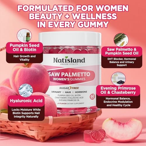 Gomitas NATISLAND de Saw Palmetto para Mujeres, Orgánico con Aceite de Semilla de Calabaza para Crecimiento del Cabello, Sin Azúcar, Veganas, Sabor - imagen 3