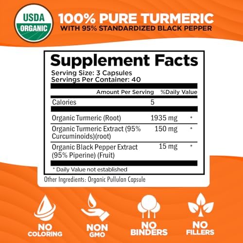 Cúrcuma Orgánica con Extracto de Pimienta Negra 2000mg - Suplemento Ultra Potente de Alta Absorción - 95% Curcuminoides - Vegano, No GMO - 120 - imagen 3