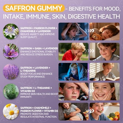 Gomitas Crasye de Azafrán para Niños 100% Puras y Orgánicas, Suplemento Sin Azúcar para Calmar el Ánimo y Mejorar la Concentración - 60 Gomitas - imagen 5