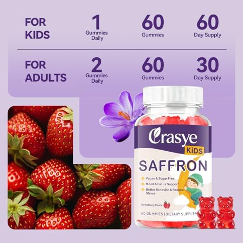 Gomitas Crasye de Azafrán para Niños 100% Puras y Orgánicas, Suplemento Sin Azúcar para Calmar el Ánimo y Mejorar la Concentración - 60 Gomitas - imagen 7