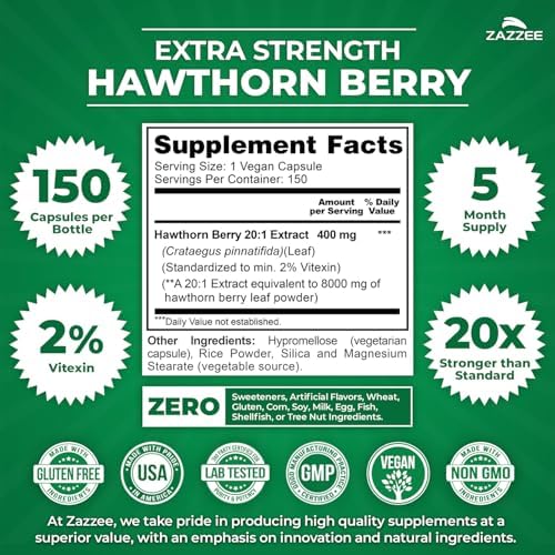Zazzee Extracto de Baya de Espino Extra Fuerte 20:1, 2% Vitexina, 150 Cápsulas Veganas, 5 Meses de Suministro, Soporte Antioxidante y Circulatorio, - imagen 3