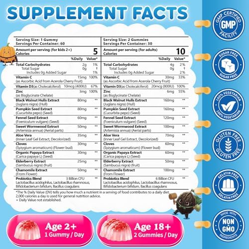 Gomitas Herbales Para Limpieza Intestinal Wormwood Black Walnut Clove, 60 Gummies con Semillas de Calabaza, Vitamina C, D3, Zinc y Probióticos - imagen 2