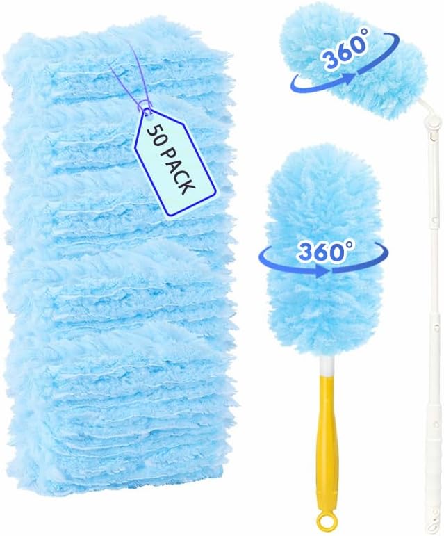 Recargas de Plumero 50 Piezas, Reemplazos de Plumero Pesado 360° Compatibles con Swiffer, Incluye 1 Mango Corto y 1 Mango Extensible - imagen 1