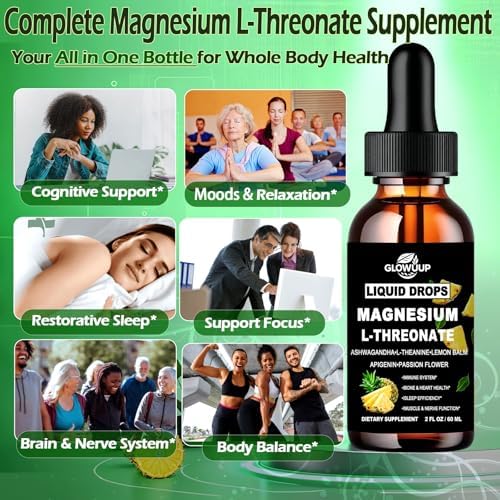 Gotas Líquidas de Magnesio L-Treonato, Suplemento con Apigenina, Teanina y Melisa para Sueño y Memoria, Apoyo Cerebral y Nervioso, Acción Rápida - imagen 3