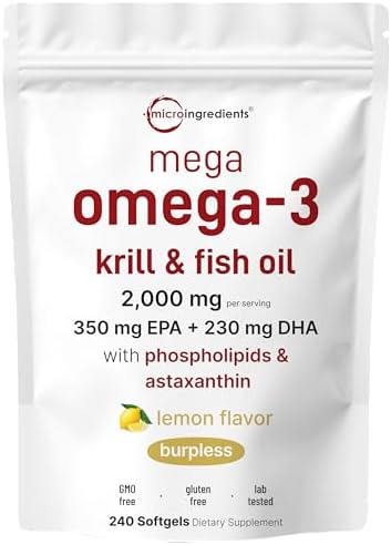 Mega Omega-3 Aceite de Krill y Pescado 2,000mg, 240 Cápsulas Blandas | Sabor Limón | Sin Eructos | Ácidos Grasos Esenciales y Astaxantina | EPA 350mg - imagen 1