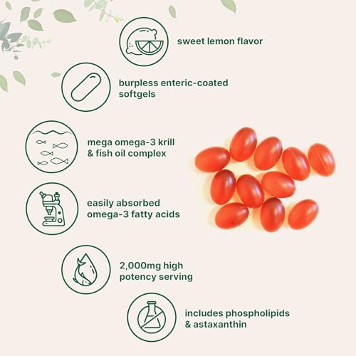 Mega Omega-3 Aceite de Krill y Pescado 2,000mg, 240 Cápsulas Blandas | Sabor Limón | Sin Eructos | Ácidos Grasos Esenciales y Astaxantina | EPA 350mg - imagen 3