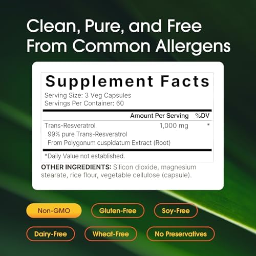 NatureBell Resveratrol - 180 Cápsulas Vegetarianas - Extracto de Polygonum Cuspidatum 1,000mg - Soporte Antioxidante - Bienestar del Corazón, Cerebro - imagen 3