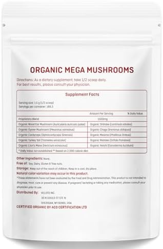 VELOTO Mezcla de Polvo de Champiñón Orgánico Mega, Suplemento Herbal 10 en 1 con Reishi, Cordyceps, Chaga, Melena de León, Vegano, 10oz - imagen 2
