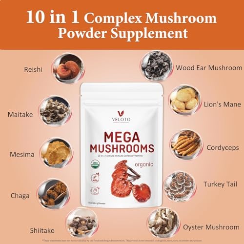 VELOTO Mezcla de Polvo de Champiñón Orgánico Mega, Suplemento Herbal 10 en 1 con Reishi, Cordyceps, Chaga, Melena de León, Vegano, 10oz - imagen 3