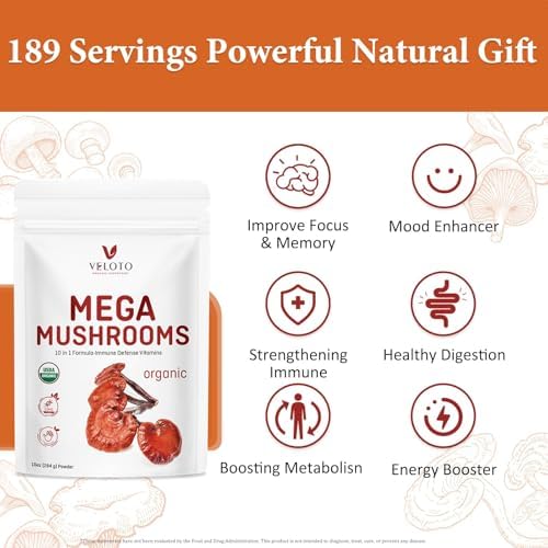 VELOTO Mezcla de Polvo de Champiñón Orgánico Mega, Suplemento Herbal 10 en 1 con Reishi, Cordyceps, Chaga, Melena de León, Vegano, 10oz - imagen 5