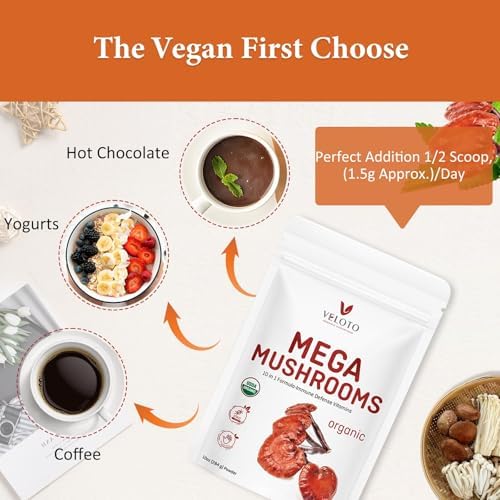 VELOTO Mezcla de Polvo de Champiñón Orgánico Mega, Suplemento Herbal 10 en 1 con Reishi, Cordyceps, Chaga, Melena de León, Vegano, 10oz - imagen 6