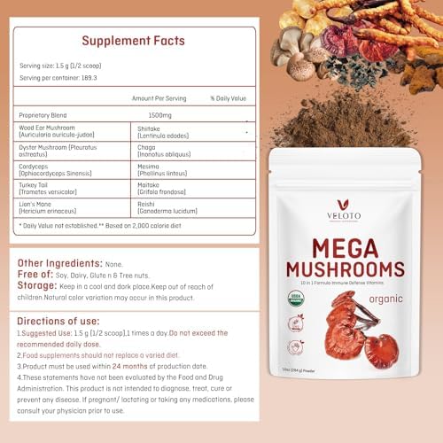 VELOTO Mezcla de Polvo de Champiñón Orgánico Mega, Suplemento Herbal 10 en 1 con Reishi, Cordyceps, Chaga, Melena de León, Vegano, 10oz - imagen 7