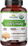 Zazzee Extracto de Melena de León Orgánico USDA 20:1, 1000 mg por Porción, 30% Beta Glucanos, 120 Cápsulas Veganas, Nootrópico para Salud Cerebral y - imagen 1