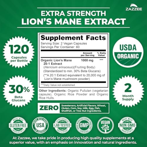 Zazzee Extracto de Melena de León Orgánico USDA 20:1, 1000 mg por Porción, 30% Beta Glucanos, 120 Cápsulas Veganas, Nootrópico para Salud Cerebral y - imagen 3
