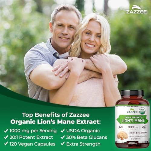 Zazzee Extracto de Melena de León Orgánico USDA 20:1, 1000 mg por Porción, 30% Beta Glucanos, 120 Cápsulas Veganas, Nootrópico para Salud Cerebral y - imagen 4
