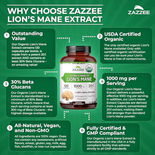 Zazzee Extracto de Melena de León Orgánico USDA 20:1, 1000 mg por Porción, 30% Beta Glucanos, 120 Cápsulas Veganas, Nootrópico para Salud Cerebral y - imagen 7